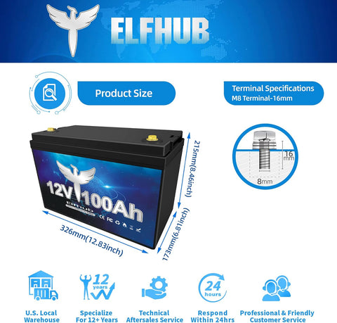 Elfhub 12V 100Ah LiFePO4 Lithium Battery , Group 31 Deep Cycle Lithium Upgraded 100A BMS, 10-Year Lifespan with Up to 15000 Cycles, Max. 1280Wh Energy,Perfect for RV, Solar, Trolling Motor