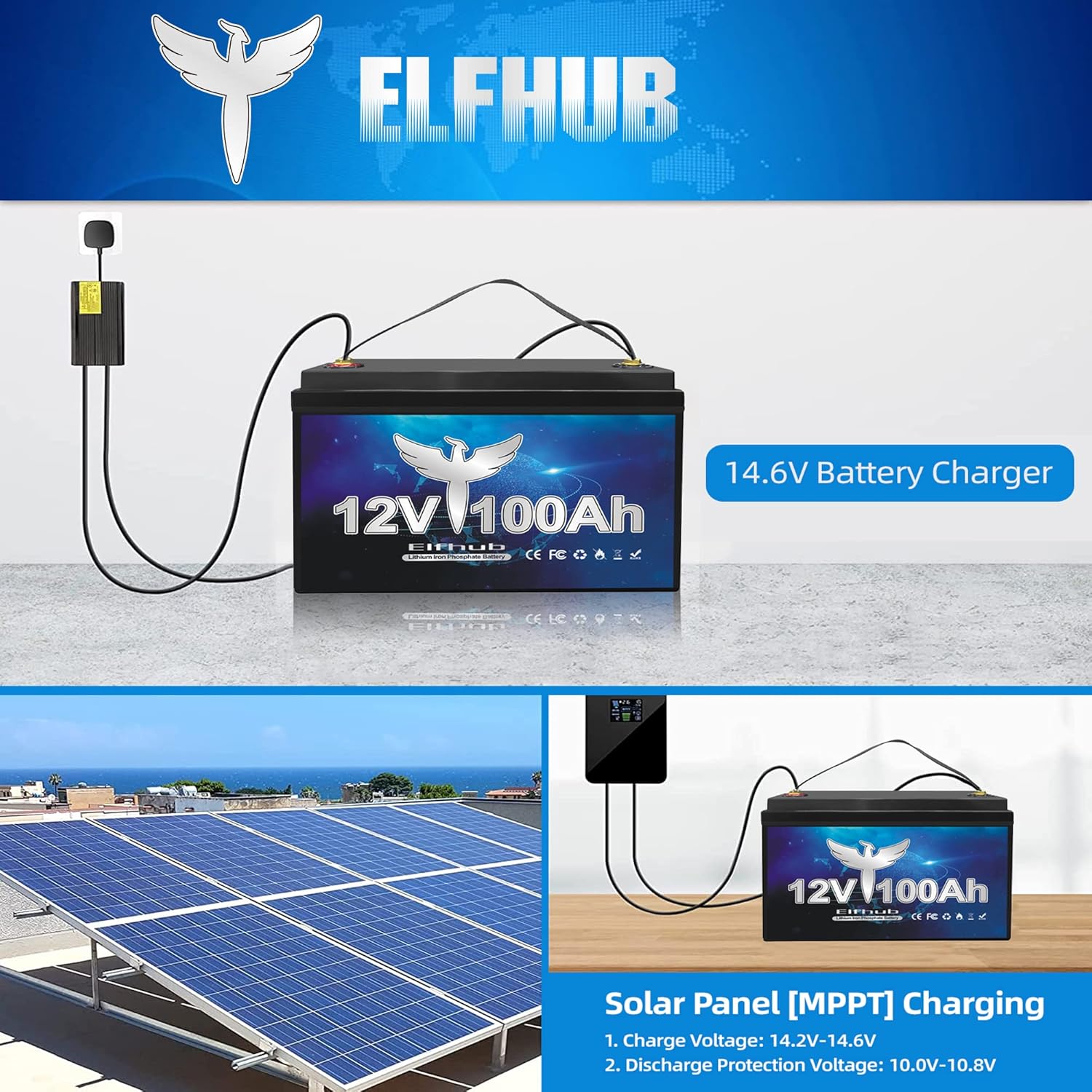 Elfhub 12V 100Ah LiFePO4 Lithium Battery , Group 31 Deep Cycle Lithium Upgraded 100A BMS, 10-Year Lifespan with Up to 15000 Cycles, Max. 1280Wh Energy,Perfect for RV, Solar, Trolling Motor