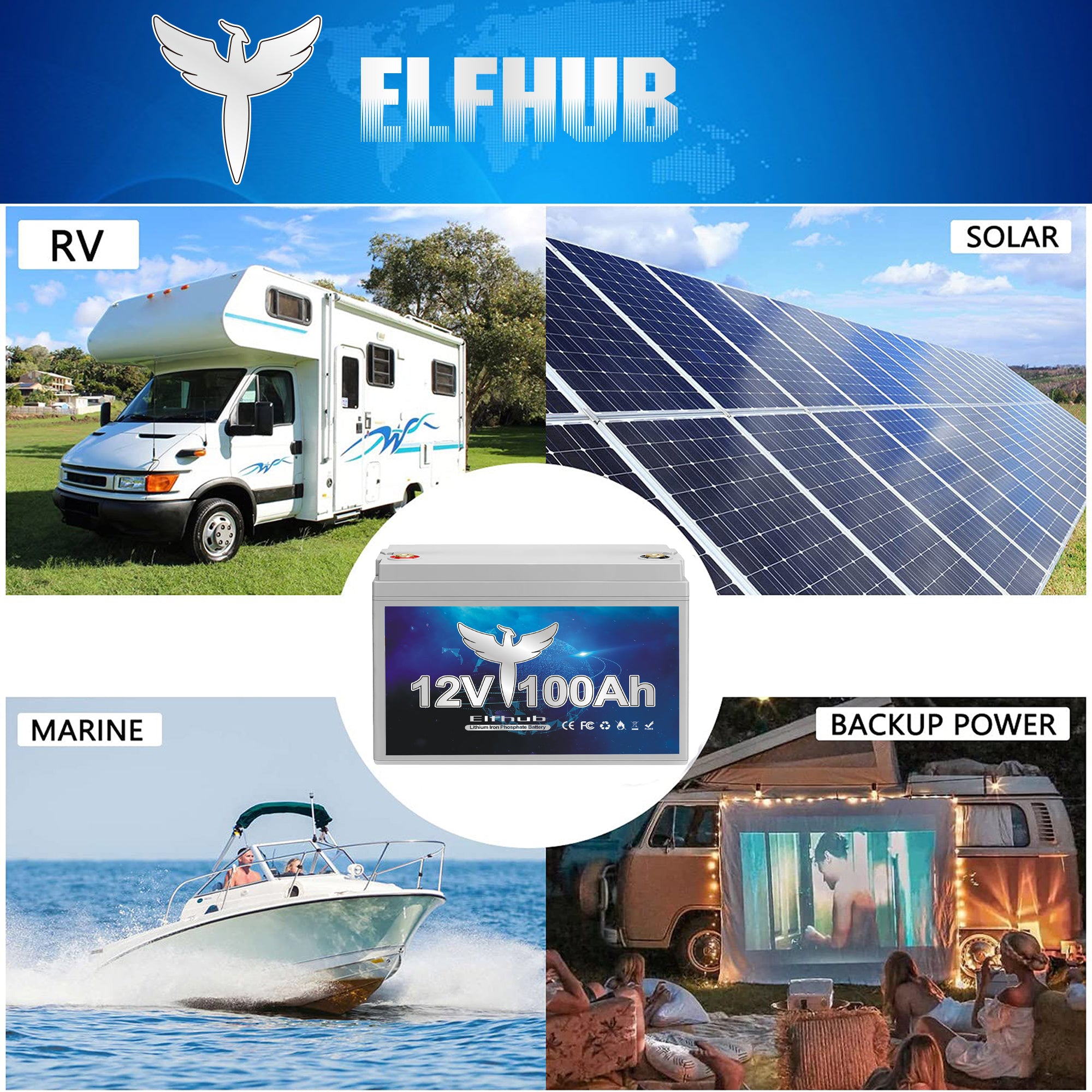 Elfhub  12V 100Ah LiFePO4 Battery, 100Ah Lithium Battery with 100A BMS, over 5000+ Rechargeable Cycles, Support 4S/8P. Perfect for RV/Camper, Solar, Off-Grid, Boat, Marine, Trolling Motor, Road-Trip