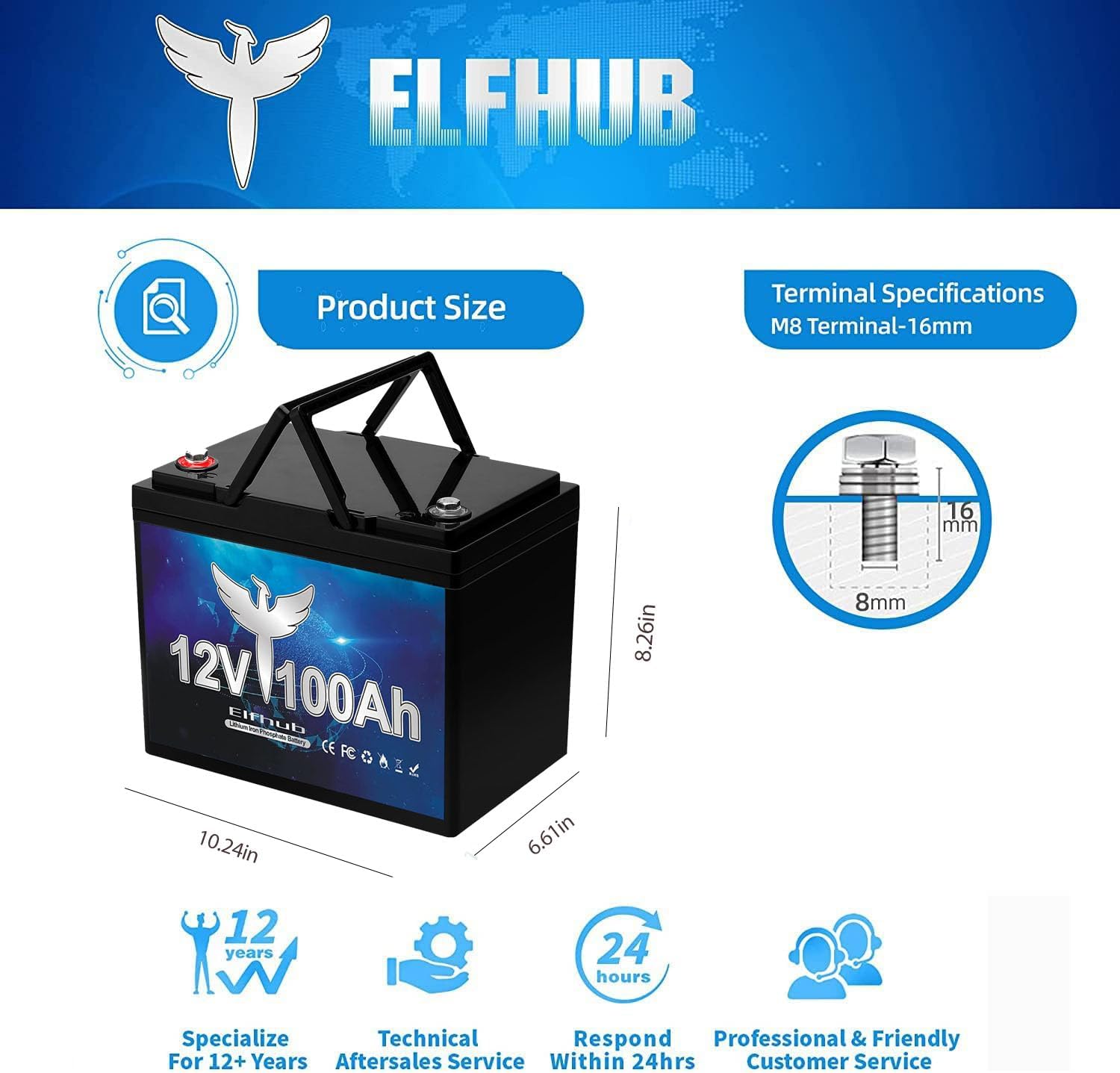 ⚡【Hot Sale】Elfhub 12V 100Ah Mini LiFePO4 Lithium Deep Cycle Battery