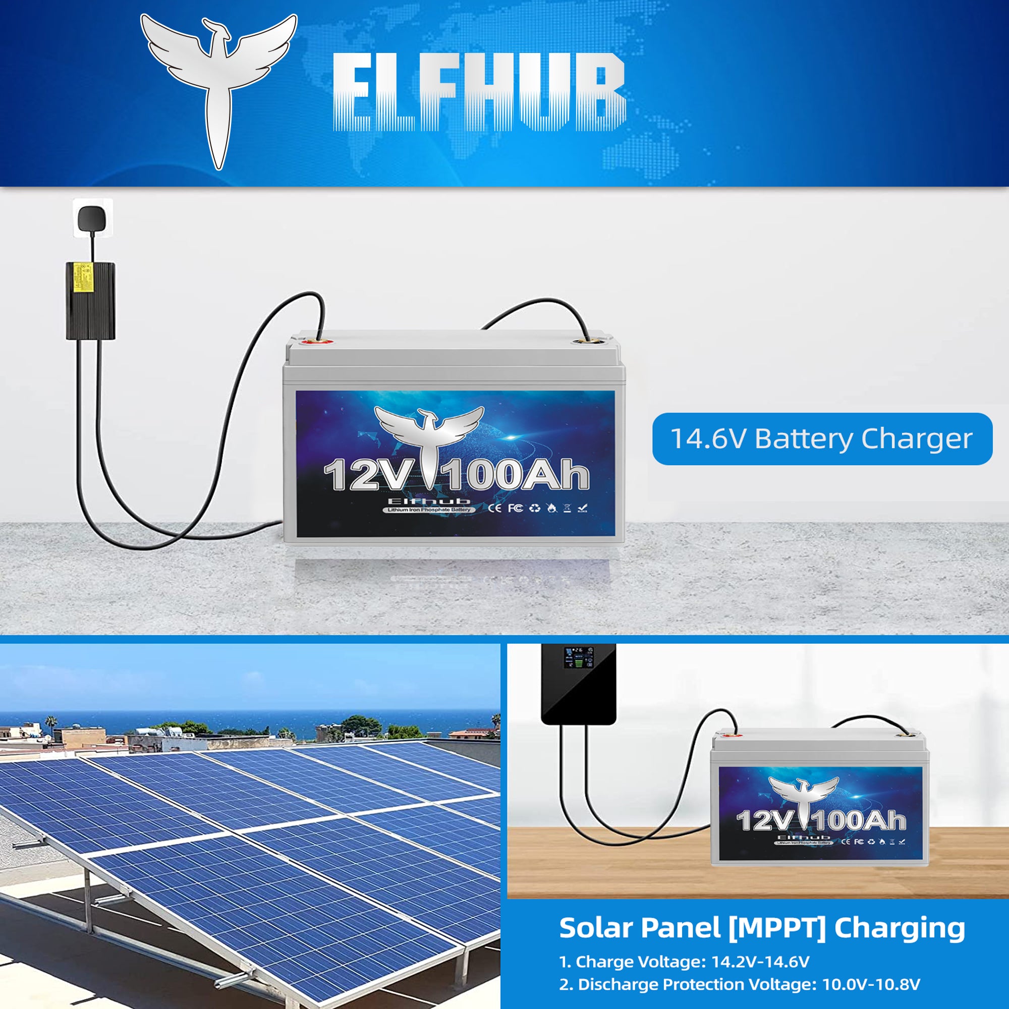 Elfhub  12V 100Ah LiFePO4 Battery, 100Ah Lithium Battery with 100A BMS, over 5000+ Rechargeable Cycles, Support 4S/8P. Perfect for RV/Camper, Solar, Off-Grid, Boat, Marine, Trolling Motor, Road-Trip