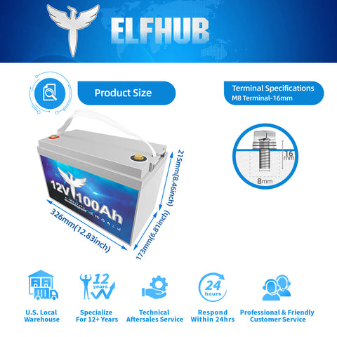 Elfhub  12V 100Ah LiFePO4 Battery, 100Ah Lithium Battery with 100A BMS, over 5000+ Rechargeable Cycles, Support 4S/8P. Perfect for RV/Camper, Solar, Off-Grid, Boat, Marine, Trolling Motor, Road-Trip