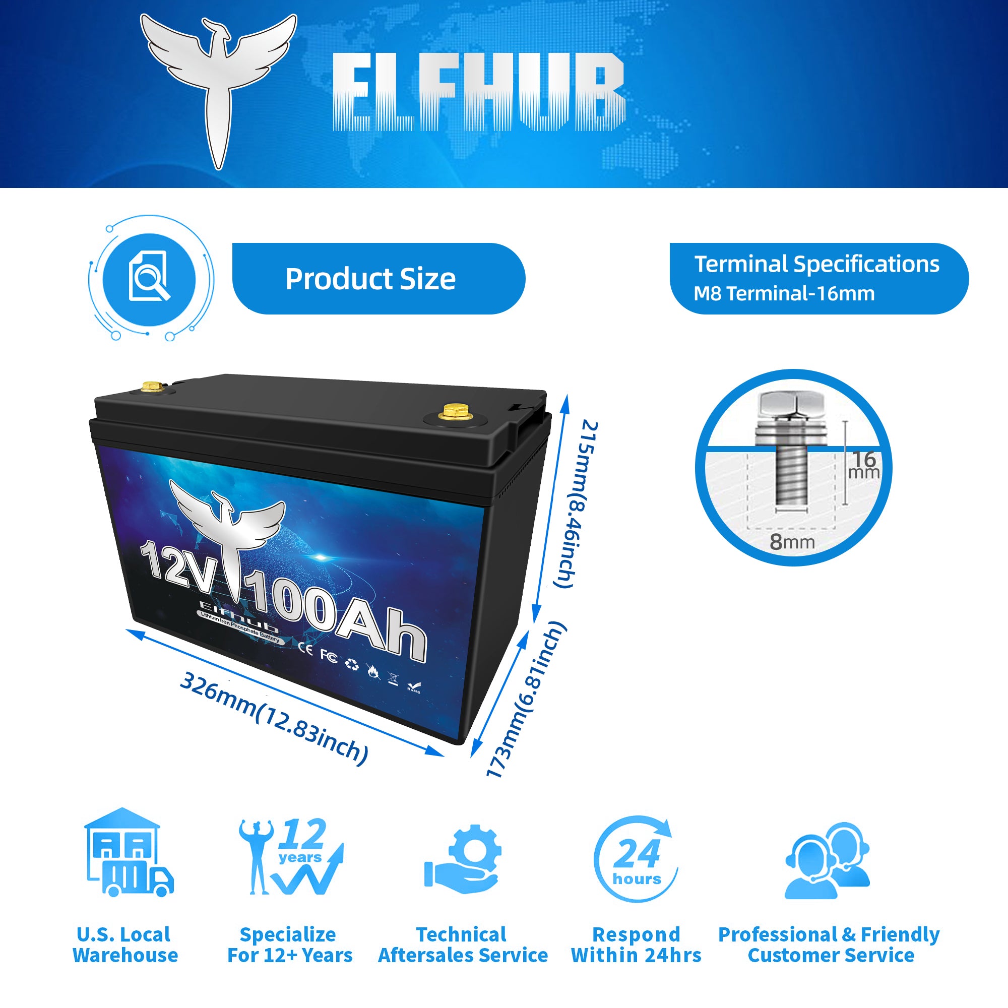 ⚡【Hot Sale】Elfhub 12V 100AH LiFePO4 Lithium Battery with Bluetooth